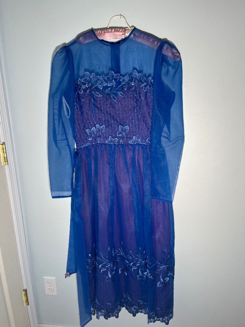 Int. Ladies Garment Workers Union Blue Dress Sz 16 Vintage Floral Embroidery